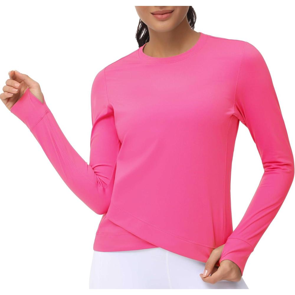 imageWomens Long Sleeve Compression Shirts Workout Tops Cross Hem Athletic Running Yoga TShirts with Thumb HoleBright Pink