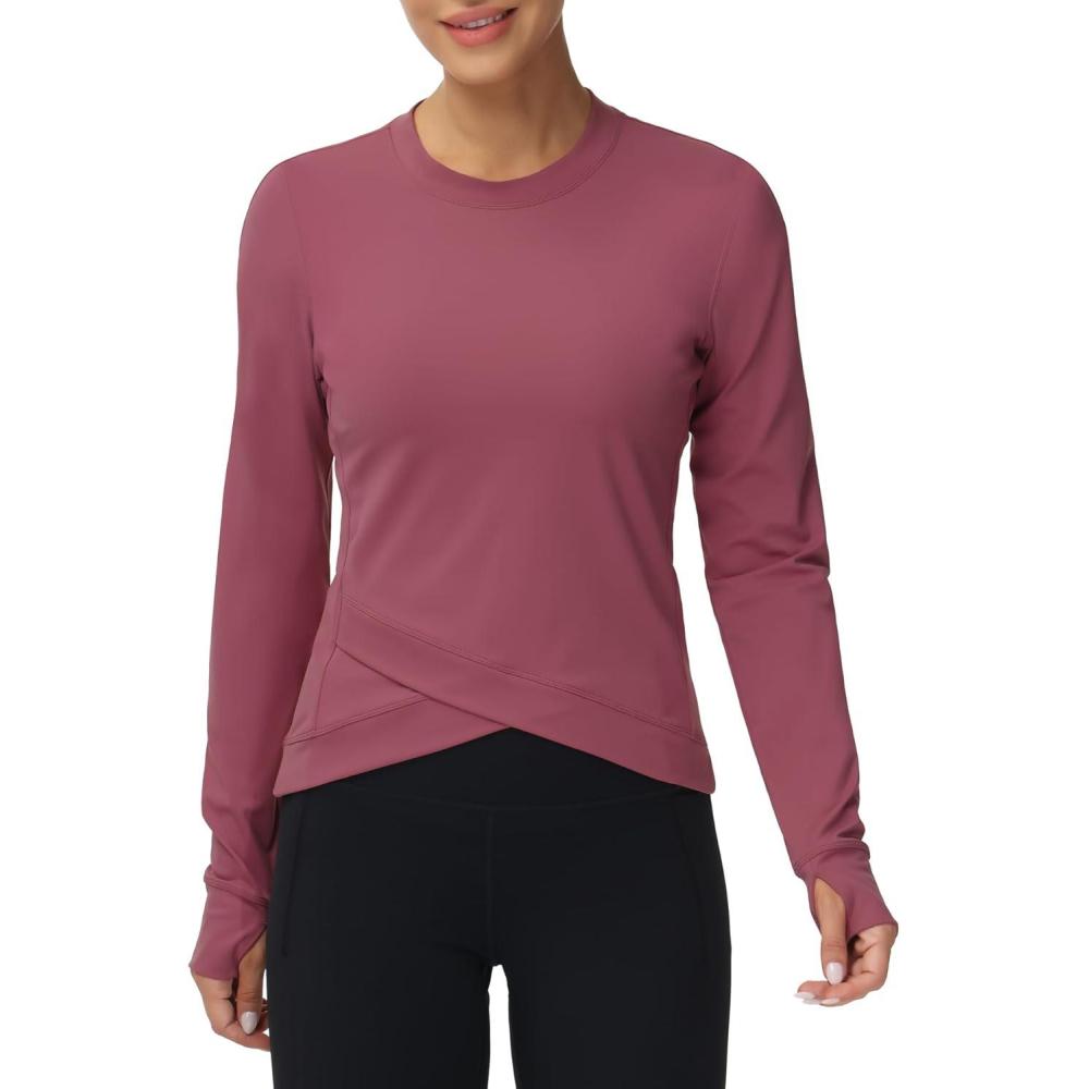 imageWomens Long Sleeve Compression Shirts Workout Tops Cross Hem Athletic Running Yoga TShirts with Thumb HoleRose Red