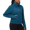 imageTHE GYM PEOPLE Womens Half Zip Pullover Fleece Stand Collar Crop Sweatshirt with Pockets Thumb HoleDark Blue Green