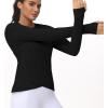 imageWomens Long Sleeve Compression Shirts Workout Tops Cross Hem Athletic Running Yoga TShirts with Thumb HoleBlack