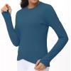 imageWomens Long Sleeve Compression Shirts Workout Tops Cross Hem Athletic Running Yoga TShirts with Thumb HoleDark Blue Green