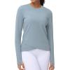 imageWomens Long Sleeve Compression Shirts Workout Tops Cross Hem Athletic Running Yoga TShirts with Thumb HoleDenim Blue
