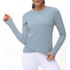 imageWomens Long Sleeve Compression Shirts Workout Tops Cross Hem Athletic Running Yoga TShirts with Thumb HoleDenim Blue