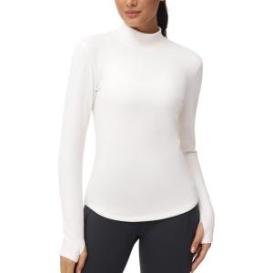 imageTHE GYM PEOPLE Fleece Mock Turtleneck Pullover Base Layer Shirts Long Sleeve Workout Tops with Thumb HoleBeige