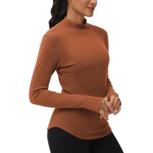 imageTHE GYM PEOPLE Fleece Mock Turtleneck Pullover Base Layer Shirts Long Sleeve Workout Tops with Thumb HoleBrick Red