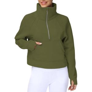 imageTHE GYM PEOPLE Womens Half Zip Pullover Fleece Stand Collar Crop Sweatshirt with Pockets Thumb HoleArmy Green