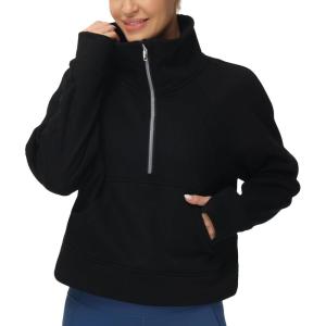 imageTHE GYM PEOPLE Womens Half Zip Pullover Fleece Stand Collar Crop Sweatshirt with Pockets Thumb HoleBlack