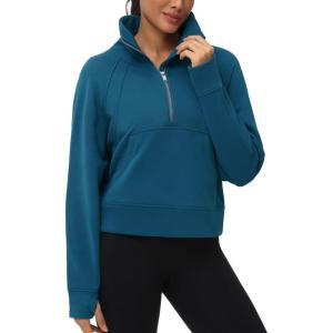 imageTHE GYM PEOPLE Womens Half Zip Pullover Fleece Stand Collar Crop Sweatshirt with Pockets Thumb HoleDark Blue Green
