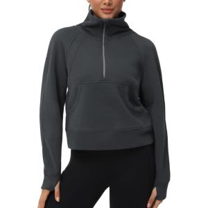 imageTHE GYM PEOPLE Womens Half Zip Pullover Fleece Stand Collar Crop Sweatshirt with Pockets Thumb HoleDark Grey