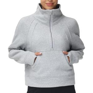 imageTHE GYM PEOPLE Womens Half Zip Pullover Fleece Stand Collar Crop Sweatshirt with Pockets Thumb HoleGrey