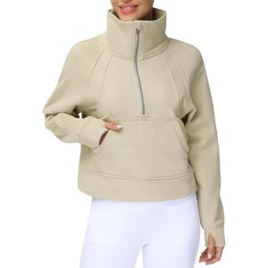 imageTHE GYM PEOPLE Womens Half Zip Pullover Fleece Stand Collar Crop Sweatshirt with Pockets Thumb HoleKhaki