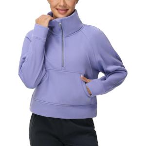 imageTHE GYM PEOPLE Womens Half Zip Pullover Fleece Stand Collar Crop Sweatshirt with Pockets Thumb HoleLavender Purple