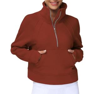 imageTHE GYM PEOPLE Womens Half Zip Pullover Fleece Stand Collar Crop Sweatshirt with Pockets Thumb HoleMaroon