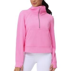 imageTHE GYM PEOPLE Womens Half Zip Pullover Fleece Stand Collar Crop Sweatshirt with Pockets Thumb HolePink
