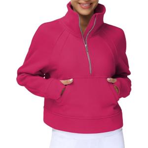 imageTHE GYM PEOPLE Womens Half Zip Pullover Fleece Stand Collar Crop Sweatshirt with Pockets Thumb HolePitaya Red