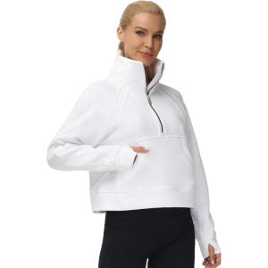 imageTHE GYM PEOPLE Womens Half Zip Pullover Fleece Stand Collar Crop Sweatshirt with Pockets Thumb HoleWhite
