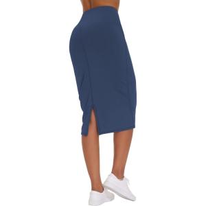 imageTHE GYM PEOPLE Womens High Waist Tummy Control Pencil Skirts Stretchy Bodycon Midi Skirt Below Knee with Back SlitBlue