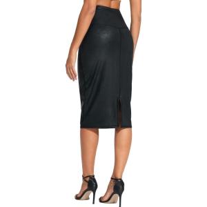 imageTHE GYM PEOPLE Womens High Waist Tummy Control Pencil Skirts Stretchy Bodycon Midi Skirt Below Knee with Back SlitFaux Leather Coated