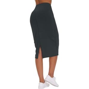 imageTHE GYM PEOPLE Womens High Waist Tummy Control Pencil Skirts Stretchy Bodycon Midi Skirt Below Knee with Back SlitGrey