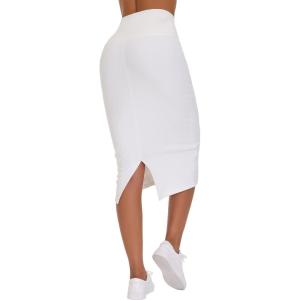 imageTHE GYM PEOPLE Womens High Waist Tummy Control Pencil Skirts Stretchy Bodycon Midi Skirt Below Knee with Back SlitWhite