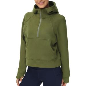 imageTHE GYM PEOPLE Womens Hoodies Half Zip Long Sleeve Fleece Crop Pullover Sweatshirts with Pockets Thumb HoleArmy Green