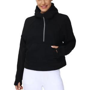 imageTHE GYM PEOPLE Womens Hoodies Half Zip Long Sleeve Fleece Crop Pullover Sweatshirts with Pockets Thumb HoleBlack