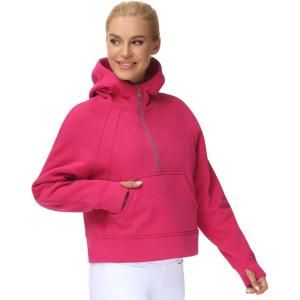 imageTHE GYM PEOPLE Womens Hoodies Half Zip Long Sleeve Fleece Crop Pullover Sweatshirts with Pockets Thumb HoleBright Pink