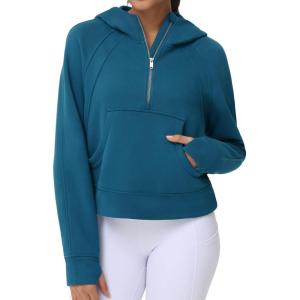 imageTHE GYM PEOPLE Womens Hoodies Half Zip Long Sleeve Fleece Crop Pullover Sweatshirts with Pockets Thumb HoleDark Blue Green