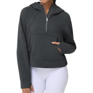 imageTHE GYM PEOPLE Womens Hoodies Half Zip Long Sleeve Fleece Crop Pullover Sweatshirts with Pockets Thumb HoleDark Grey