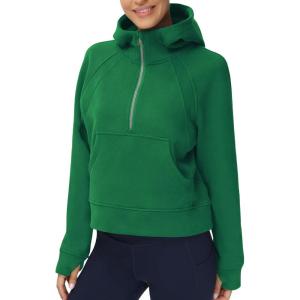 imageTHE GYM PEOPLE Womens Hoodies Half Zip Long Sleeve Fleece Crop Pullover Sweatshirts with Pockets Thumb HoleGreen
