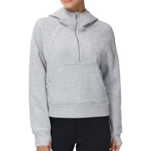 imageTHE GYM PEOPLE Womens Hoodies Half Zip Long Sleeve Fleece Crop Pullover Sweatshirts with Pockets Thumb HoleGrey