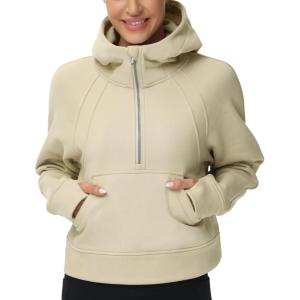 imageTHE GYM PEOPLE Womens Hoodies Half Zip Long Sleeve Fleece Crop Pullover Sweatshirts with Pockets Thumb HoleKhaki