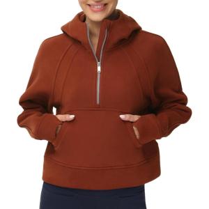 imageTHE GYM PEOPLE Womens Hoodies Half Zip Long Sleeve Fleece Crop Pullover Sweatshirts with Pockets Thumb HoleMaroon