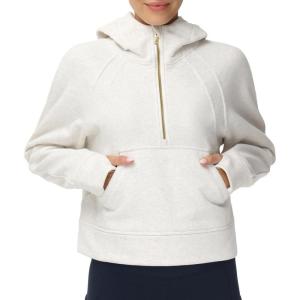 imageTHE GYM PEOPLE Womens Hoodies Half Zip Long Sleeve Fleece Crop Pullover Sweatshirts with Pockets Thumb HoleOffwhite