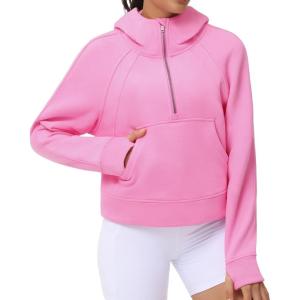imageTHE GYM PEOPLE Womens Hoodies Half Zip Long Sleeve Fleece Crop Pullover Sweatshirts with Pockets Thumb HolePink