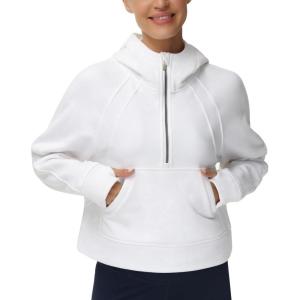 imageTHE GYM PEOPLE Womens Hoodies Half Zip Long Sleeve Fleece Crop Pullover Sweatshirts with Pockets Thumb HoleWhite