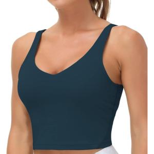 imageTHE GYM PEOPLE Womens Sports Bra Longline Wirefree Padded with Medium SupportDark Blue Green