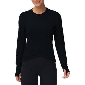 imageWomens Long Sleeve Compression Shirts Workout Tops Cross Hem Athletic Running Yoga TShirts with Thumb HoleBlack