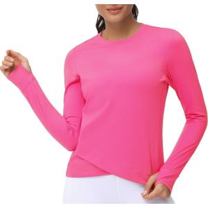 imageWomens Long Sleeve Compression Shirts Workout Tops Cross Hem Athletic Running Yoga TShirts with Thumb HoleBright Pink