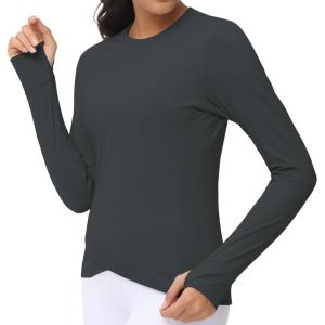 imageWomens Long Sleeve Compression Shirts Workout Tops Cross Hem Athletic Running Yoga TShirts with Thumb HoleCharcoal Grey