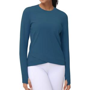 imageWomens Long Sleeve Compression Shirts Workout Tops Cross Hem Athletic Running Yoga TShirts with Thumb HoleDark Blue Green