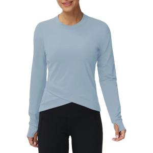 imageWomens Long Sleeve Compression Shirts Workout Tops Cross Hem Athletic Running Yoga TShirts with Thumb HoleDenim Blue