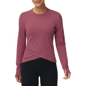 imageWomens Long Sleeve Compression Shirts Workout Tops Cross Hem Athletic Running Yoga TShirts with Thumb HoleRose Red