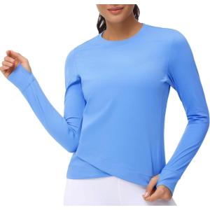 imageWomens Long Sleeve Compression Shirts Workout Tops Cross Hem Athletic Running Yoga TShirts with Thumb HoleSea Blue