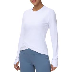 imageWomens Long Sleeve Compression Shirts Workout Tops Cross Hem Athletic Running Yoga TShirts with Thumb HoleWhite