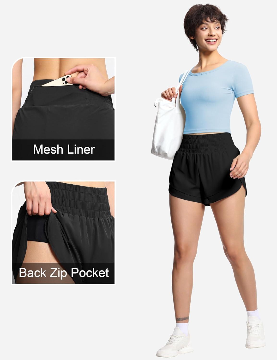 imageTHE GYM PEOPLE Womens High Waisted Worktout Shorts Quick Dry Running Athletic Shorts with Mesh Liner Zipper PocketBlack