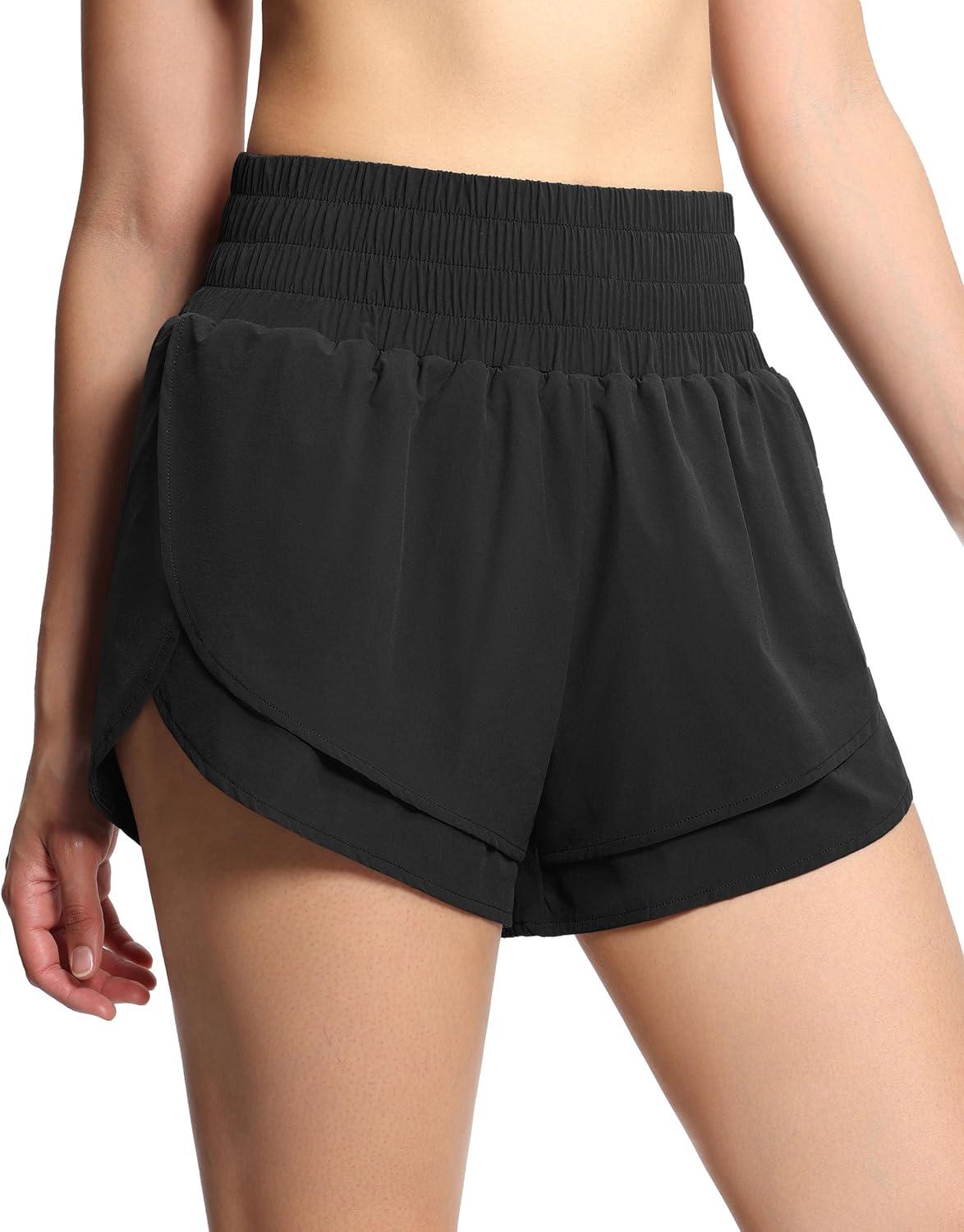 imageTHE GYM PEOPLE Womens High Waisted Worktout Shorts Quick Dry Running Athletic Shorts with Mesh Liner Zipper PocketBlack