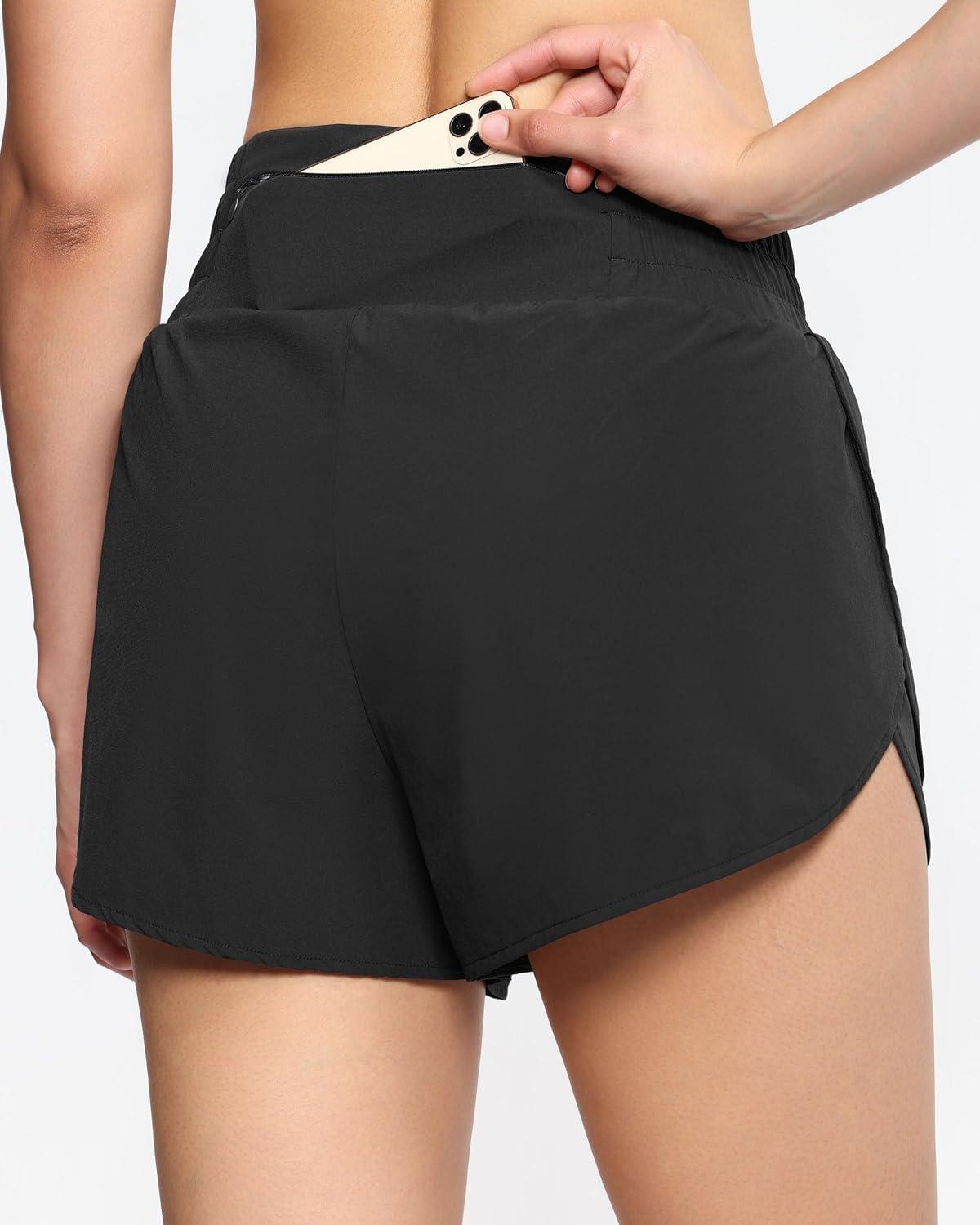 imageTHE GYM PEOPLE Womens High Waisted Worktout Shorts Quick Dry Running Athletic Shorts with Mesh Liner Zipper PocketBlack