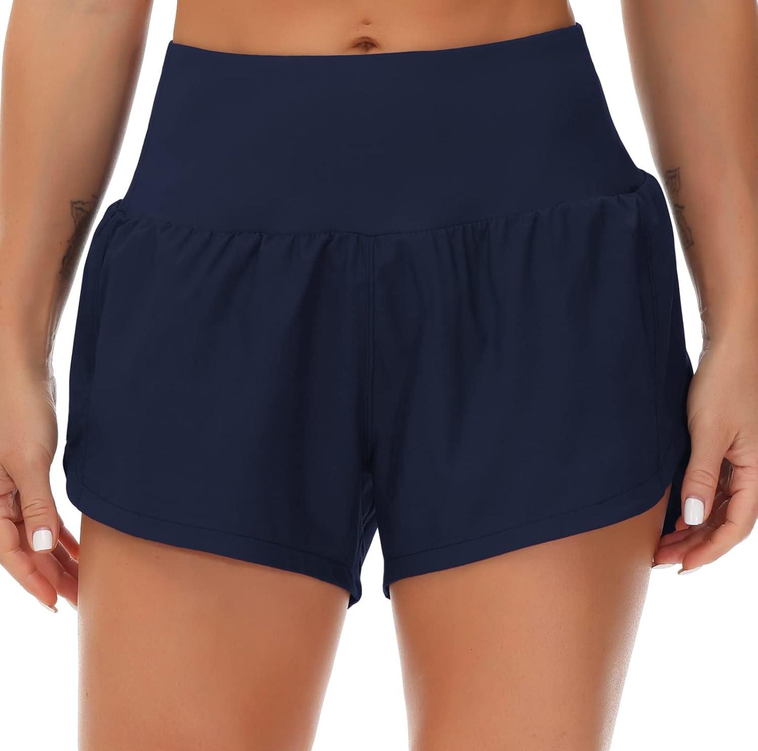 imageTHE GYM PEOPLE Womens High Waisted Worktout Shorts Quick Dry Running Athletic Shorts with Mesh Liner Zipper PocketBlue
