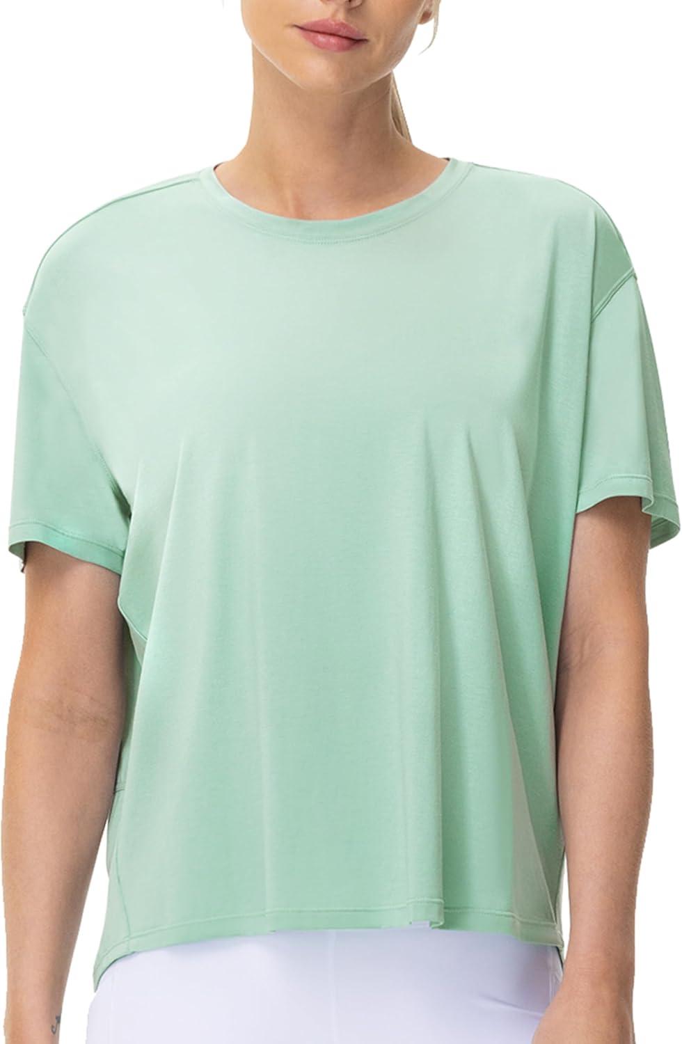 imageTHE GYM PEOPLE Womens Short Sleeve Workout TShirts Back Loose Fit Running Yoga Tee TopsLight Green
